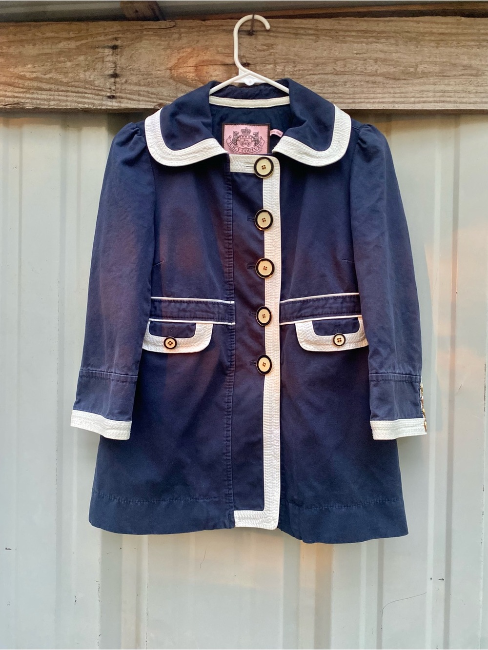 Vintage Y2K Juicy Couture Navy Cotton Swing Coat White Piping - Size S